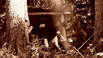 Dad Moulton and Doc Setters at 'Dad's Roost.'  At the head of Little Priest Lake. Donated by Marjorie Paul Roberts via Priest Lake Museum.