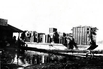 PhByar's barge at dock, loaded with Nell Shipman's animals.