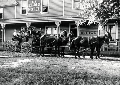 Priest Lake Stage in front of the St. Elmo Hotel. Priest River, Idaho.