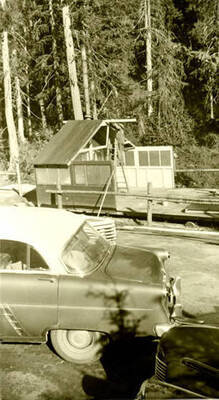 Workers putting sections together for one of the buidlings. Donated by Red Gasterneau through Priest Lake Museum.