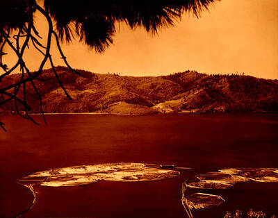 View of log booms in Kalispell Bay, Priest Lake. Lakeview Mountain in background. Donated by Red Gasterneau through Priest Lake Museum.