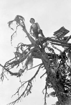 Jim Evans way up on a lookout at Kaniksu Mountain. Near Priest Lake, Idaho. Donated by G. Black through Priest Lake Museum.