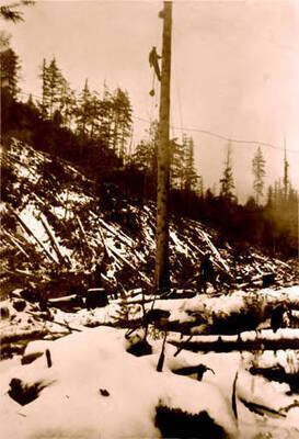 A man climbing a spar pole. Donated by Red Gasterneau through Priest Lake Museum.
