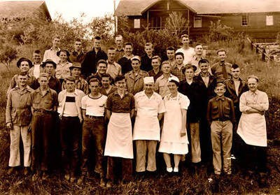 Group photo of the Blister Rust Control (BRC) crew. Donated by Red Gasterneau through Priest Lake Museum.