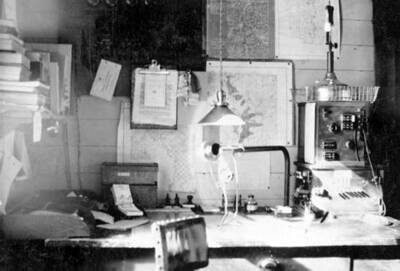 A Beaver Creek  ranger dispatcher's desk at Beaver Creek Ranger Station. Priest Lake, Idaho. Donated by H. J. Deiner through Priest Lake Museum.