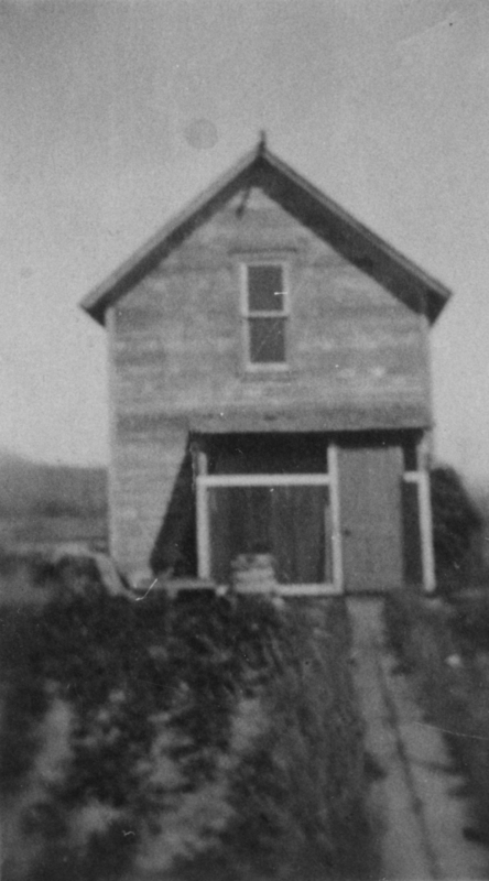 A two-story wooden house with a pitched roof and one visible window. The house has a front door and a path leading up to it, surrounded by grass or plants.