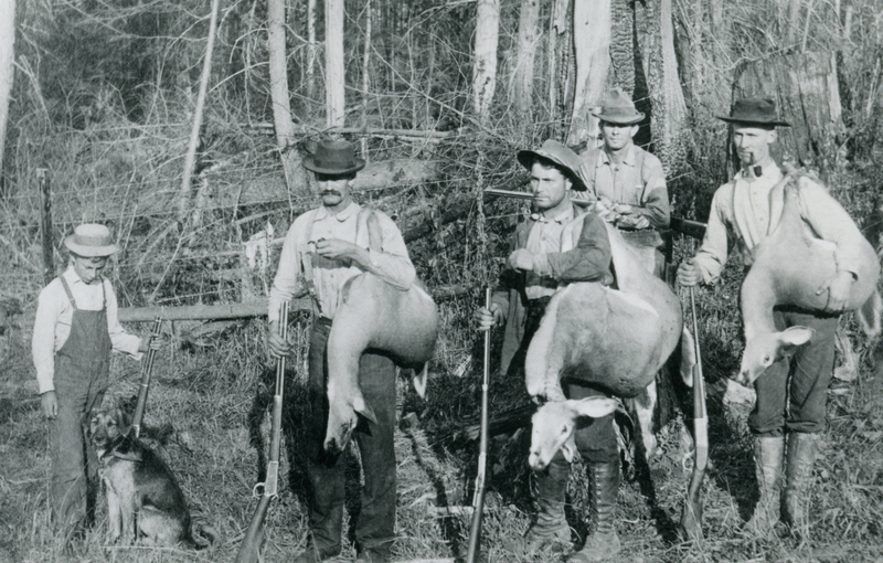 A group of five people standing in a wooded area, each holding a rifle. Four adults have deer slung over their shoulders and a child stands with a dog beside them.