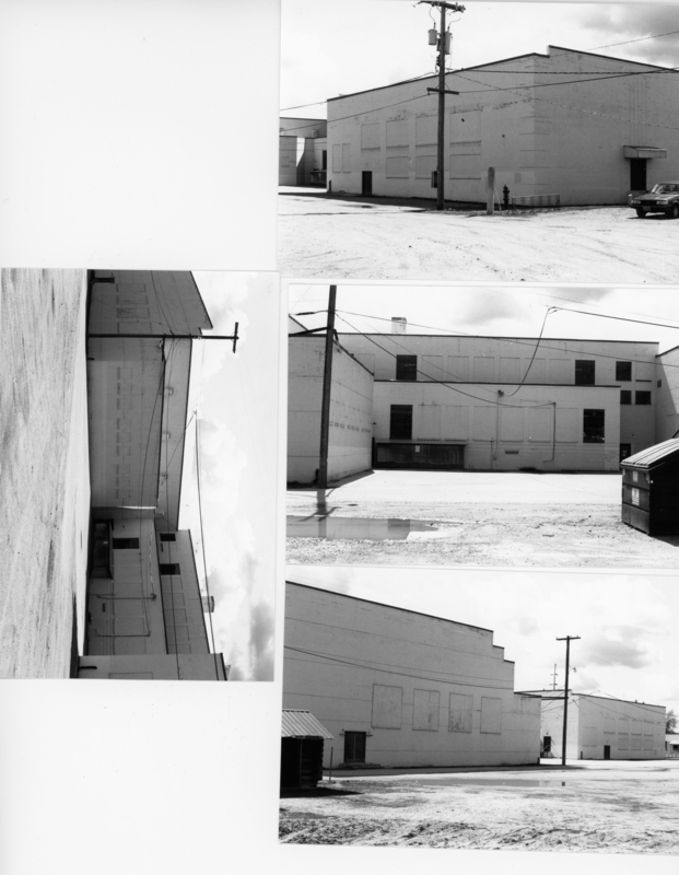 Three images of a large, industrial-style building with flat roofs and multiple rectangular sections. In the first, electrical poles and wires are visible, with a car parked nearby. The second shows the side of the building with utility lines and a dumpster in the foreground. The third depicts a wide view of the building with an open area in front and utility poles along the side. The ground is unpaved and appears to be gravel.