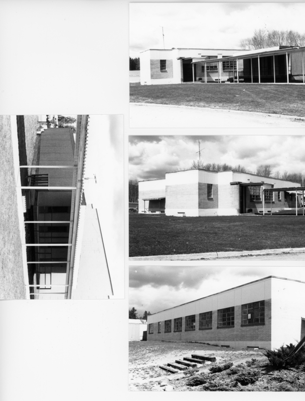 A series of four images showing a modernist building with flat roofs and large windows. One angle shows a long side view, another captures the front with a covered entrance, a third view presents the building in the background with an open lawn, and the final image highlights a section with steps leading to the building.