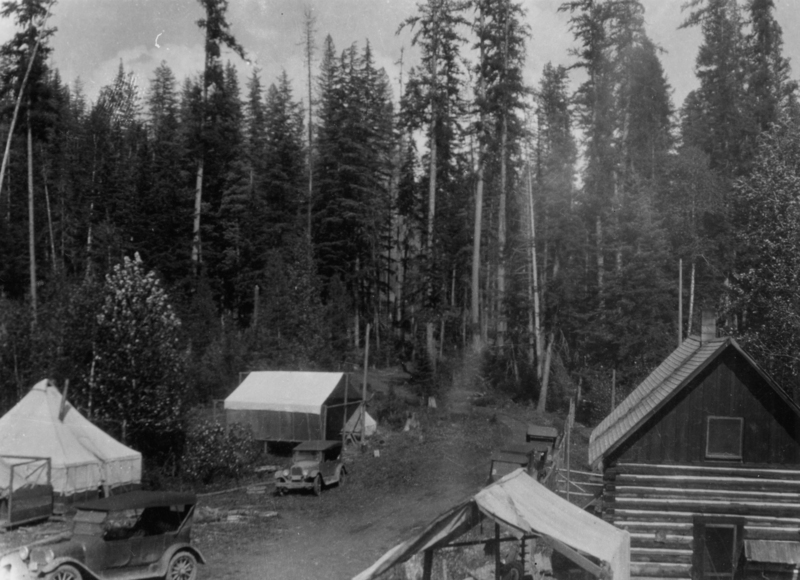 A woodland setting with a couple of tents and log cabins surrounded by tall trees. There are two vintage cars parked near the tents on a dirt path. The area looks like a forest camp or settlement.