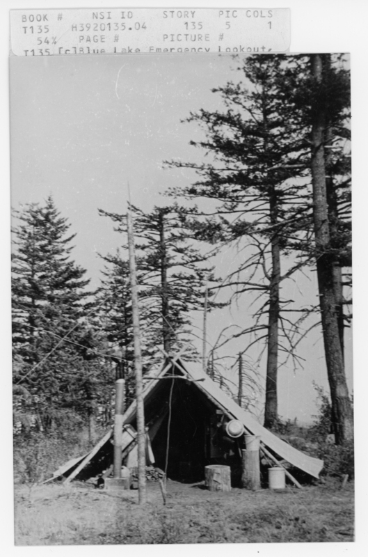 A tent with an A-frame structure is set up in a forested area, surrounded by tall trees. There are several items such as logs and a bucket nearby. Text reads: "BOOK # NSI ID STORY PIC COLS T135 H3920135-04 135 5 1 54% PAGE # PICTURE # T135 [c]Blue Lake Emergency Lookout"