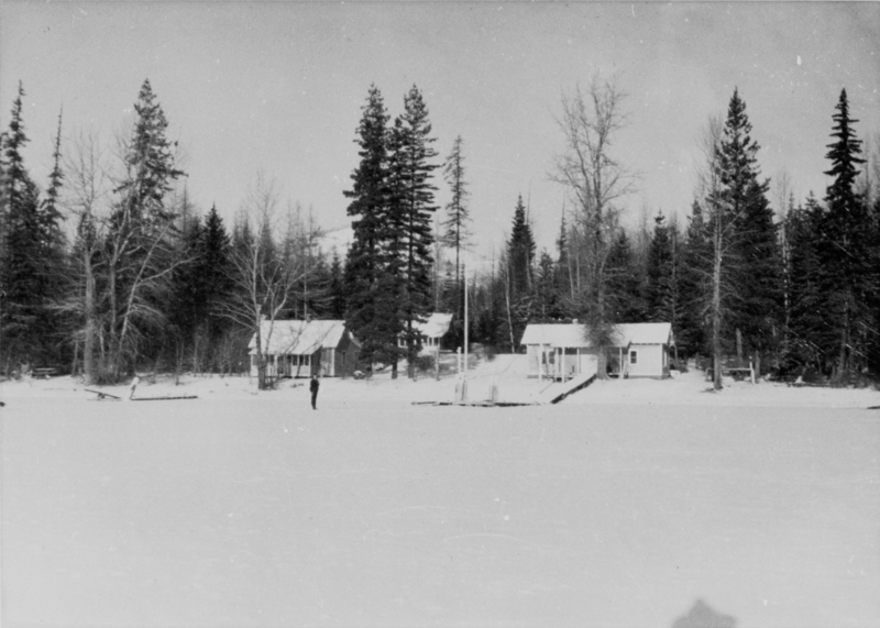 A person standing on a snow-covered field in front of several small cabins surrounded by trees.