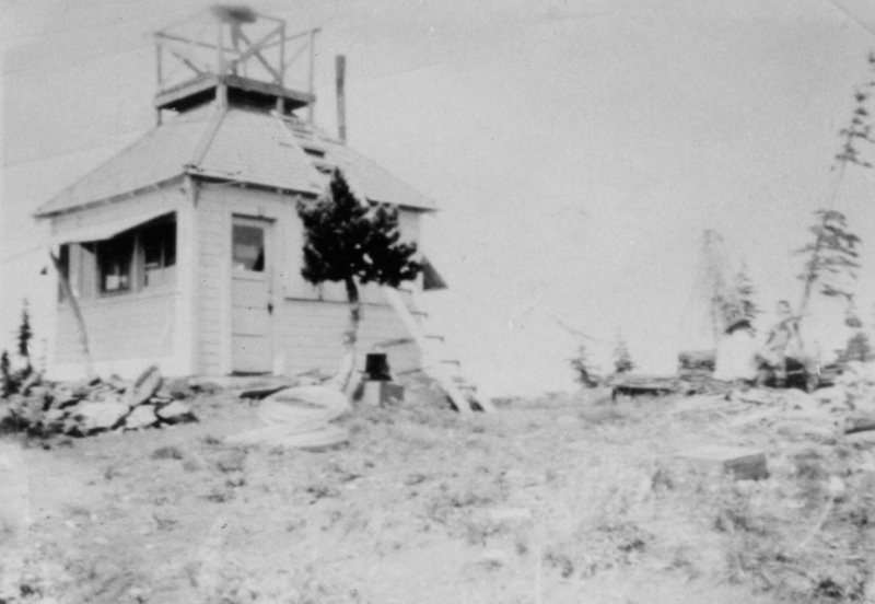 A small wooden building with a ladder leading to its roof. There are a few trees and rocks scattered around. In the background, a person is sitting on a log next to some equipment or tools. The setting appears to be on a hill or mountainside.