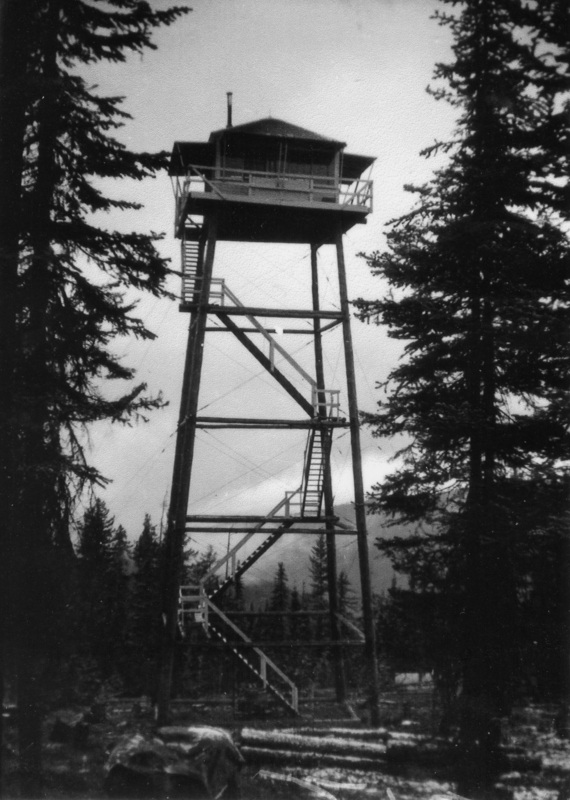 A tall, wooden lookout tower standing among trees with a series of stairs leading up to the enclosed cabin at the top. The surrounding area includes dense forest and tall trees.
