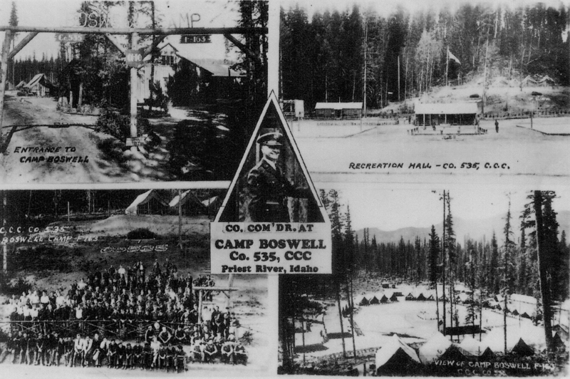 A collage of four images depicting different scenes at Camp Boswell. The top left image shows the entrance to the camp with a wooden sign and buildings in the background. The top right image displays a recreation hall surrounded by trees. The bottom left section features a large group of people, possibly camp members, posing together. The bottom right image offers a view of numerous tents set in a wooded area. In the center, there is an image of a person in uniform. Text reads: "- "ENTRANCE TO CAMP BOSWELL" near bottom left of top left section. - "RECREATION HALL – CO. 535, C.C.C." near bottom of top right section. - "C.C.C. CO. 535 BOSWELL CAMP F-163" near top of bottom left section. - "CO. COM’DR. AT CAMP BOSWELL" at top of the central triangle section. - "Co. 535, CCC Priest River, Idaho" at bottom of the central triangle section. - "VIEW OF CAMP BOSWELL F-163" near bottom of bottom right section."