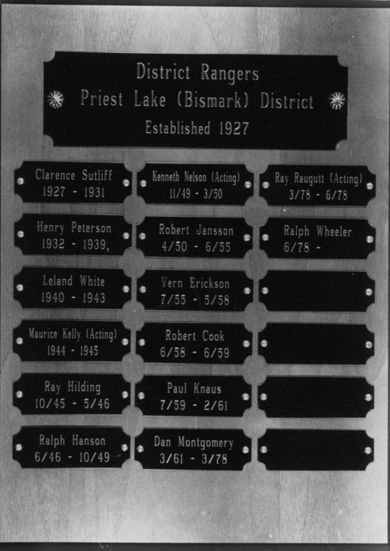 A plaque listing the names and service dates of various district rangers from the Priest Lake (Bismarck) District, established in 1927. Text reads: "- Top center: "District Rangers Priest Lake (Bismarck) District Established 1927" - First column from the left: - "Clarence Sutliff 1927 - 1931" - "Henry Peterson 1932 - 1939" - "Leland White 1940 - 1943" - "Maurice Kelly (Acting) 1944 - 1945" - "Ray Hilding 10/45 - 5/46" - "Ralph Hanson 6/46 - 10/49" - Second column: - "Kenneth Nelson (Acting) 11/49 - 3/50" - "Robert Jansson 4/50 - 6/55" - "Vern Erickson 7/55 - 5/58" - "Robert Cook 6/58 - 6/59" - "Paul Knaus 7/59 - 2/61" - "Dan Montgomery 3/61 - 3/78" - Third column: - "Ray Raugutt (Acting) 3/78 - 6/78" - "Ralph Wheeler 6/78 -"