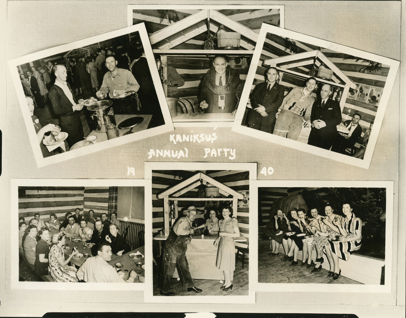A collage of five images depicting a gathering. In one image, men serve food from a table. In another, a group of people, mostly women, sit at a long table with drinks. A few men in suits stand together, posing for the camera. Another image shows a man and a woman standing near a small wooden structure. The last image features a group of women sitting on a bench, smiling. The words "Kaniksus Annual Party" and the year "1940" are written on the page.