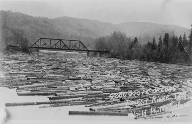 Logs densely packed in a river with a metal bridge spanning across in the background. Forested hills and trees line the riverbanks. Writing on the bottom of photo reads: "5,000,000 Ft. of Logs, Priest River Ida. World Photo Spokane K-72".