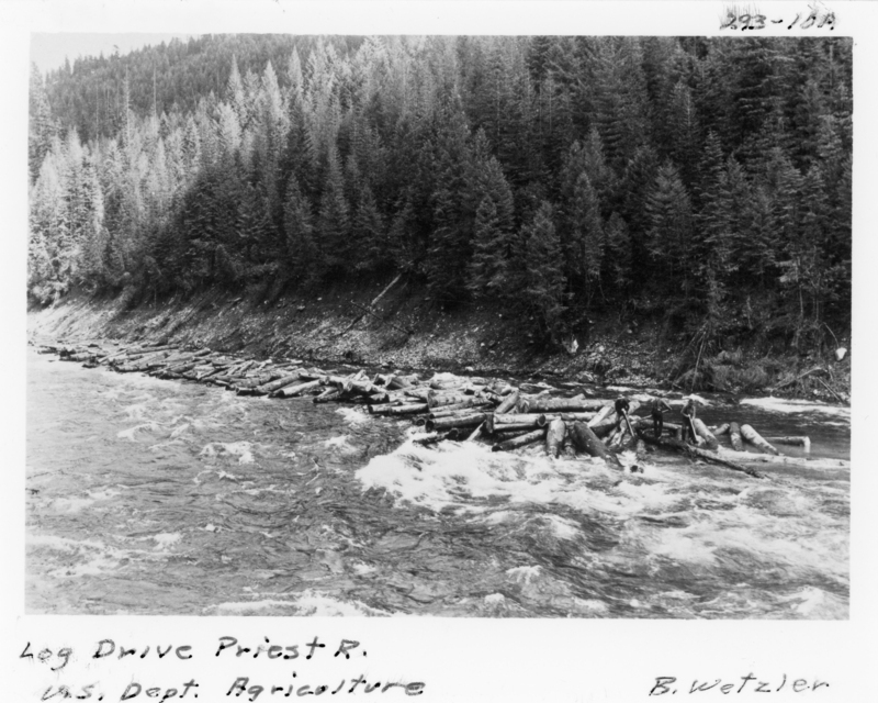 Logs floating down a river, with forested hills in the background. Two people appear to be on the logs. Handwritten notes are present around the image: "- Top right: "232 - 13A" - Bottom left: "Log Drive Priest R." - Below: "U.S. Dept. Agriculture" - Bottom right: "B. Wetzler"