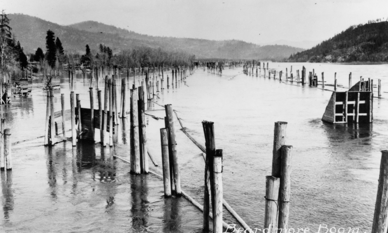 Rows of wooden pilings extend across a body of water, with hills and trees in the background. A structure made of wooden planks is partially submerged in the water. Label near bottom right reads "Beardmore Boom."