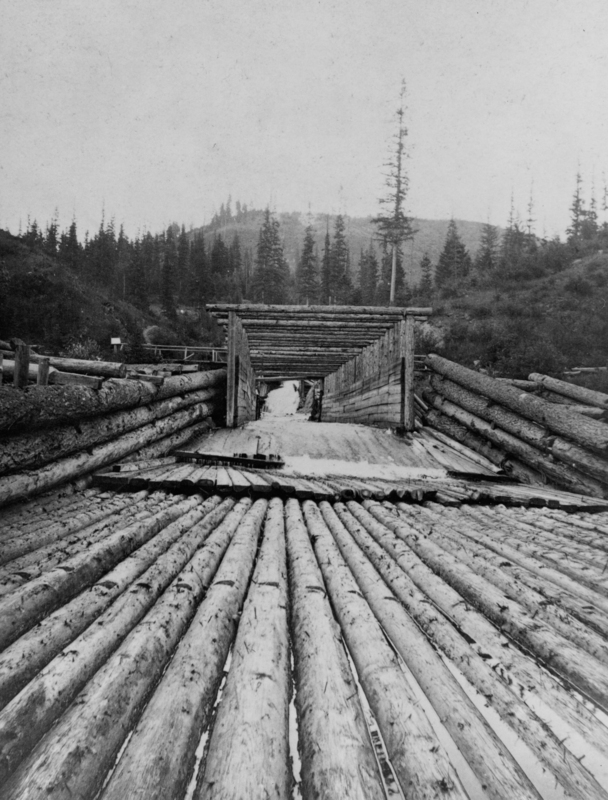 A canal structure made from logs, converging into a covered wooden section. The surrounding area is wooded, with tall trees and rolling hills in the background.