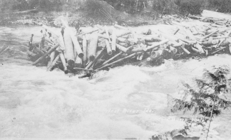 Logs are piled up along a riverbank, with several men standing on the logs. The river appears to be flowing rapidly, and there are trees and foliage in the background. Text reads "Priest River, IDA"