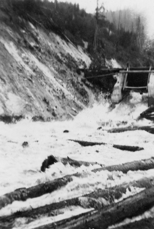 Logs floating in a river near a dam, surrounded by steep, forested hills.