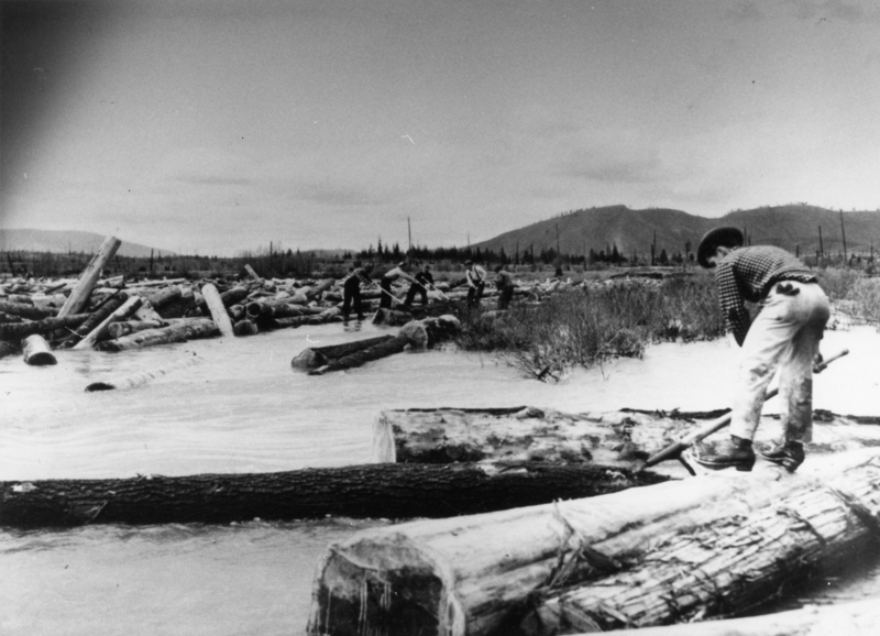 A person wearing a hat is crouching near a river filled with logs. Several other people in the background are managing logs in the water. Hills and sparse trees are visible in the distance.