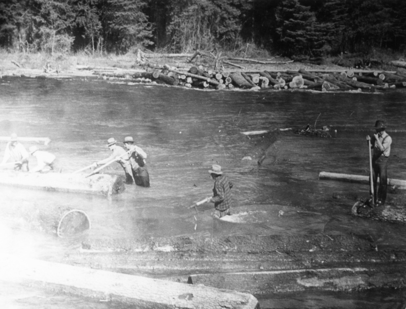 Several men are maneuvering logs in a river using long poles. Trees and more logs are piled on the bank in the background. The men are wearing hats and work clothes.