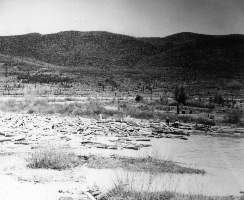 A mountainous landscape with a river in the foreground. Logs are floating on the water, and a few people are working among them. The background features hills covered with sparse vegetation.