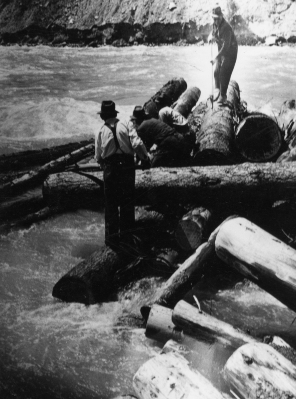 Several men working together on a river, maneuvering large logs. One man is standing on top of a log, using a tool. The scene appears industrious, set against a backdrop of flowing water and a riverbank.