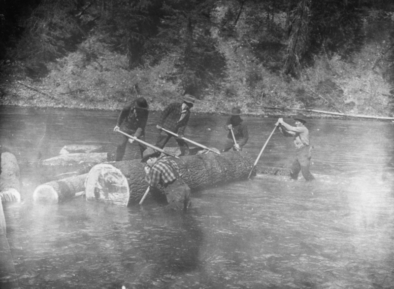 Five men standing in a river, using long poles to maneuver large logs. The scene is set in a forested area.