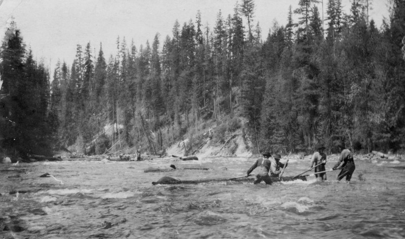 Four men stand in a river, guiding logs with long poles. Trees line the riverbank in the background.