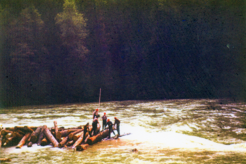 Several people are navigating a river while standing on a cluster of logs. They appear to be using long poles for balance or steering. The surrounding area is densely wooded.