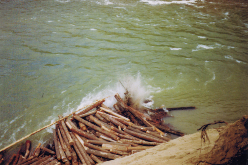 Logs are piled on the shore next to a body of water, with waves crashing against them.