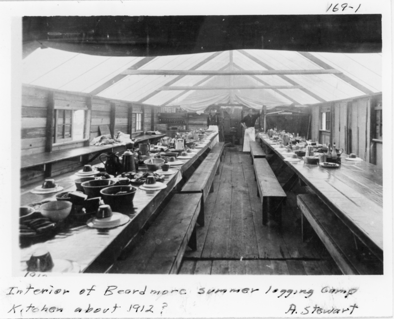 A long dining area with wooden tables and benches is set with dishes, bowls, and cups. Two people are standing at the far end of the room near a kitchen area with more utensils and supplies. The space has a wooden structure with windows along the sides and a roof that allows light in. The text at the bottom reads: "Interior of Beardmore summer logging camp kitchen about 1912? A. Stewart" Additionally, in the top right, there is "169-1"."