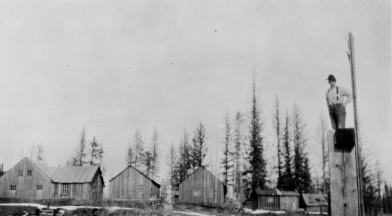 A man wearing suspenders and a hat stands on a tall wooden pole. Several wooden buildings are in the background, with a line of trees behind them.