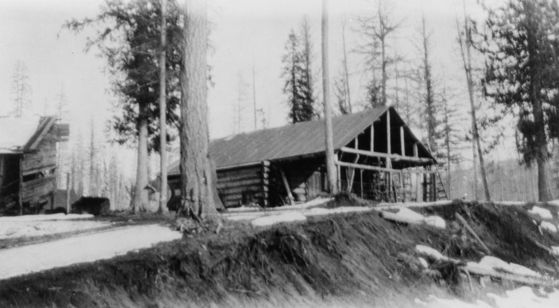 A log cabin in a forested area with some surrounding trees and patches of snow on the ground. A smaller wooden structure is partially visible to the left.