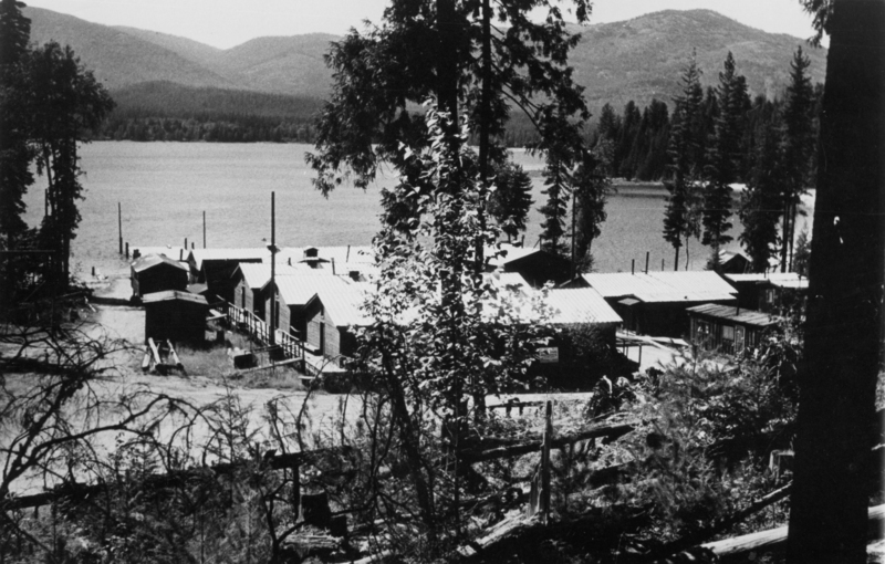 A settlement of small wooden cabins is situated by a calm lake surrounded by hills and dense forest. A few tall trees are visible in the foreground and around the area. The scene has a rustic and remote feel.
