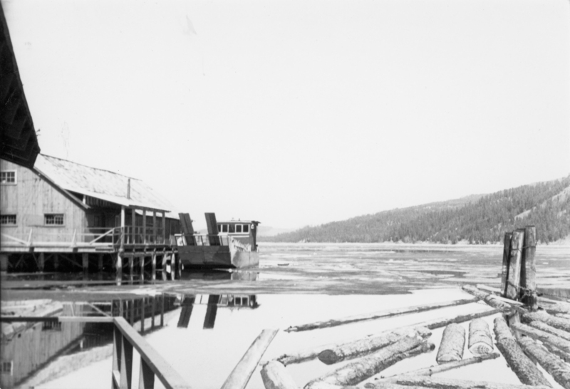 A dock area with a wooden building on the left, adjacent to a body of water with logs floating. A small structure and distant land with trees are visible in the background.