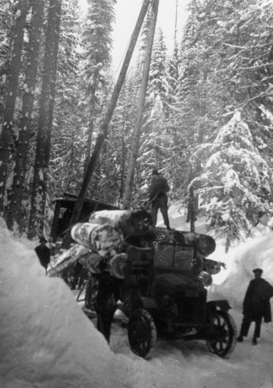 A man standing on top of logs piled on a truck in a snowy forest, with other people standing nearby.