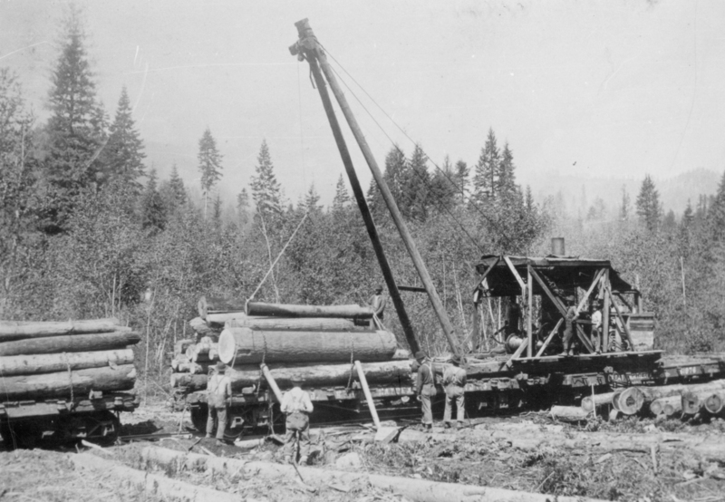 A group of men working to load large logs onto a rail car using a crane in a forested area, with trees in the background.