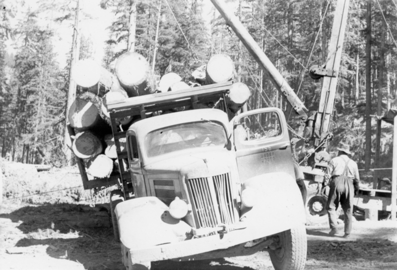 A truck loaded with large logs is tipping to one side. A person wearing a hat and overalls stands nearby, surrounded by trees.