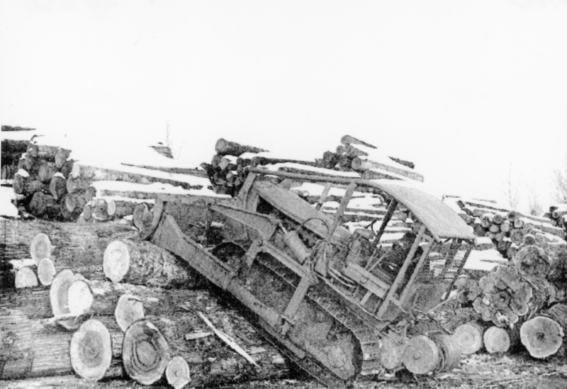 A bulldozer is positioned on a large pile of cut logs. Several logs are scattered around, and stacks of logs are visible in the background.