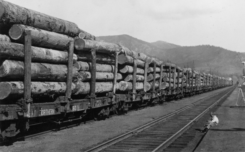 A long train loaded with large logs on flatbed cars, with mountains in the background. A small child sits on the ground near the train tracks. The text "NORTHERN" and "60" is visible on the side of the train car.