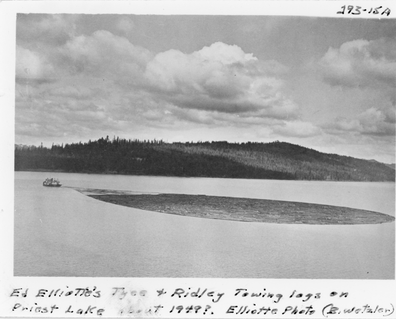 A large body of water is depicted with a collection of logs floating on its surface. In the distance, a small boat is visible towing the logs. Beyond the water, a forested shoreline is seen under a cloudy sky. Handwriting at the bottom provides information about the scene. The handwritten text at the bottom reads: "Ed Elliott's Tyee & Ridley Towing logs on Priest Lake about 1949? Elliotte Photo (B. Wetzler)." The typed text in the top right reads: ""193-15A."