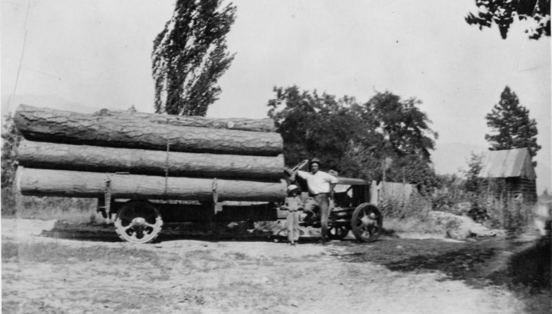 A person stands next to a truck loaded with large logs, with a child beside them. The scene is outdoors with trees in the background and a small wooden structure to the right.