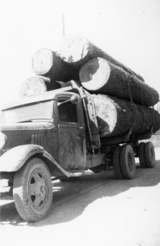 A truck carrying large logs stacked on its bed. The truck is parked on a dirt road. The logs are secured and extend beyond the length of the truck.