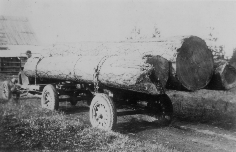 A person sitting on a vehicle that is towing large, cut tree logs chained to the back. The vehicle is on grassy ground with trees and a building in the background.