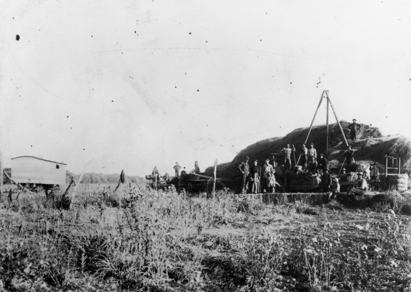 A group of people standing on agricultural machinery in a field, with a large haystack behind them. There's also a horse-drawn cart on one side and a wagon nearby. The land in the foreground is covered with low shrubs and plants.